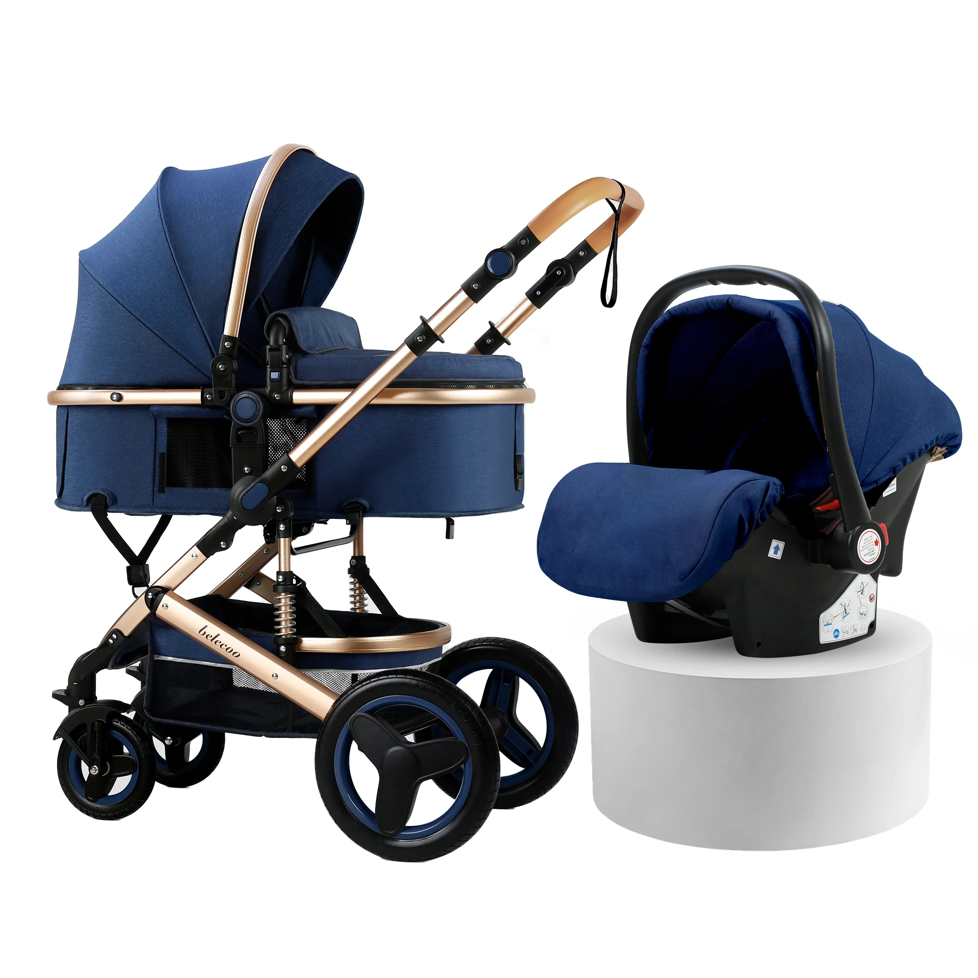 Luxury 3 in 1 Baby Pushchair Stroller with Linen Car Seat High Landscape Lightweight Foldable Pram