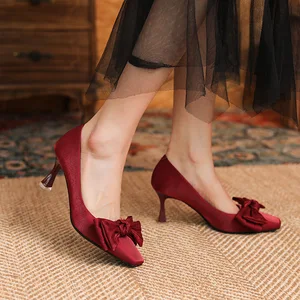 166-28 Chinese Xiu Wo Red Bridal Shoes for Women Sheepskin Satin Wedding Shoes Square High Heels Bow Slip-On T-Strap for Summer