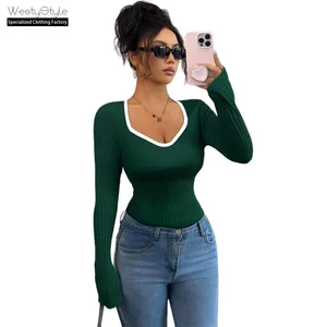 European American Casual Simple Style Long-Sleeve Slim-Fit T-Shirt for Women Independent Foreign Trade Knitted