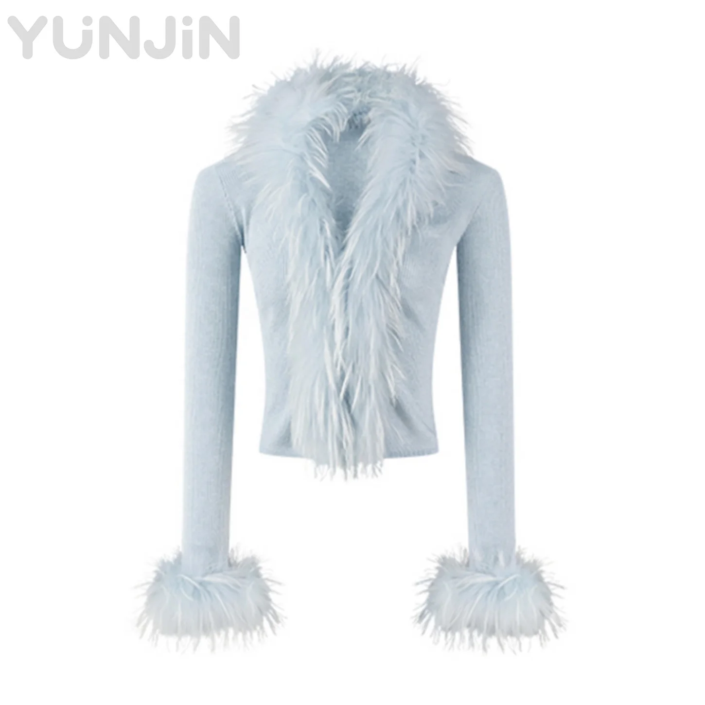 Fashion Real Fox Fur Placket Trim Women Knit
