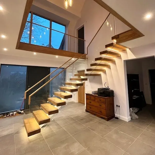 Fancy design floating embedded steel stringer white oak tread with led lights cantilever stairs with railings