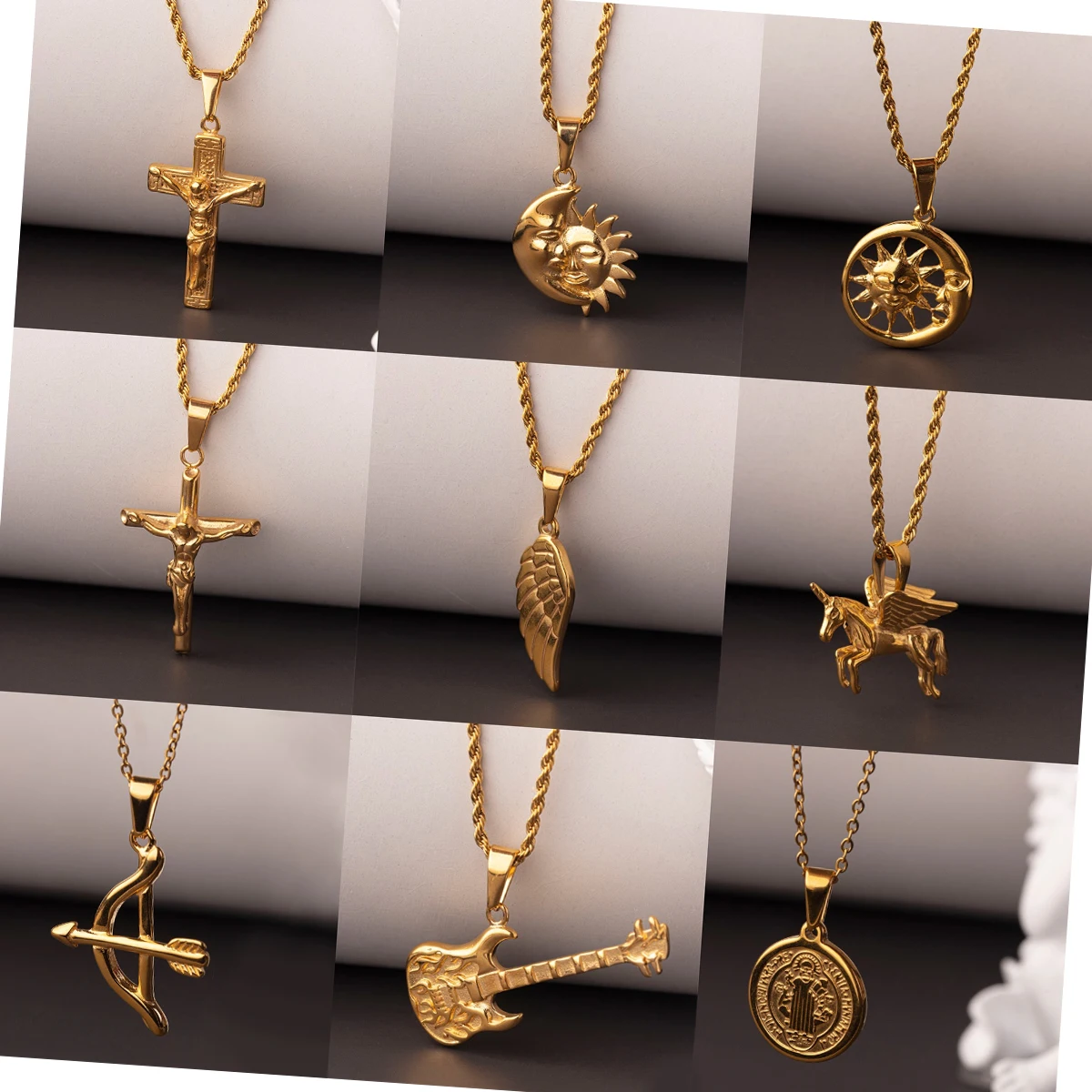 Collana Donna Acciaio Inox Placcato Oro Rosa 18K | Ciondolo Luna Crescente E Stella Portafortuna | ELBLUVF | 3 Stili E Colori