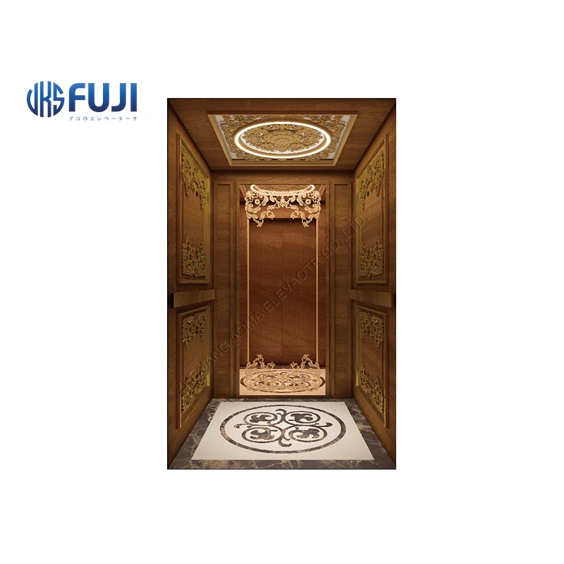 China Elevator Factory Gorgeously Decorated Machine Room Cabin Rose Gold Passenger Elevator