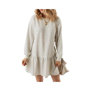 Women's Casual Autumn Mini Dress with Long Sleeve Pullover Tops Crewneck Rib Knit Patchwork Plain Dyed Chiffon Natural Waistline