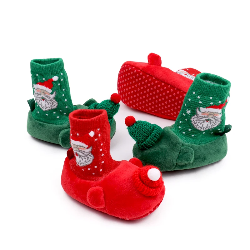 Christmas Solid Color Warm Cartoon Santa Snowflake and Fuzzy Woolly Hat Baby Warm Soft Soled Socks Shoes