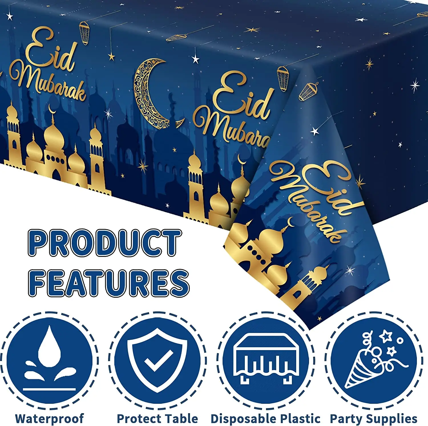 Plastic Tablecloth Eid Mubarak Table Cover for Ramadan Party for Wedding Banquet Birthday Home Use Muslim Theme Navy Blue Free