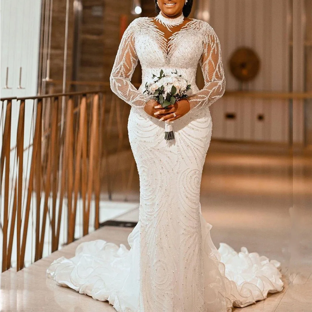 New African Mermaid Wedding Dress with Long Sleeves – Elegant Bridal Gown main image 0