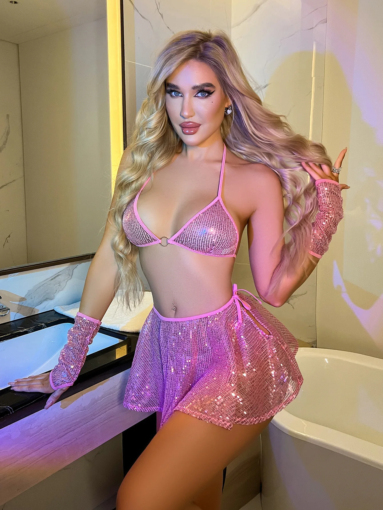 Women Open Back Halloween Pink Sequin Bling Girls Sexy Lingerie Costume Women Nightclub Dress Adult Cosplay Lingeries