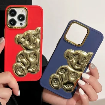 luxury hot selling fashion premium 3D electroplated camera button bear tpu mobile phone case for iphone 15 14 13 12 11 pro max