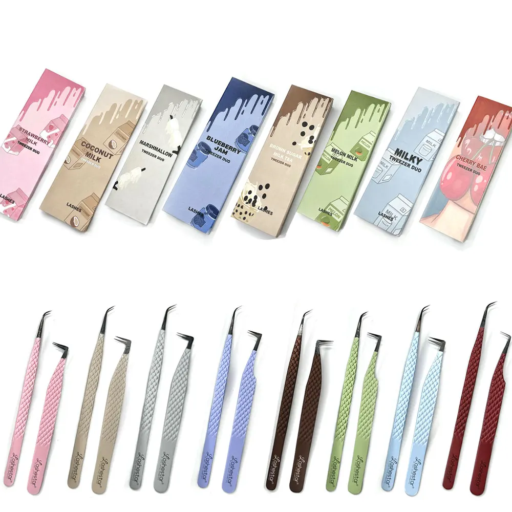 Colourful Grip Eyelash Tweezers Custom Box Packing Private Label Fiber Tip Volume Lash Extension Tweezers Set