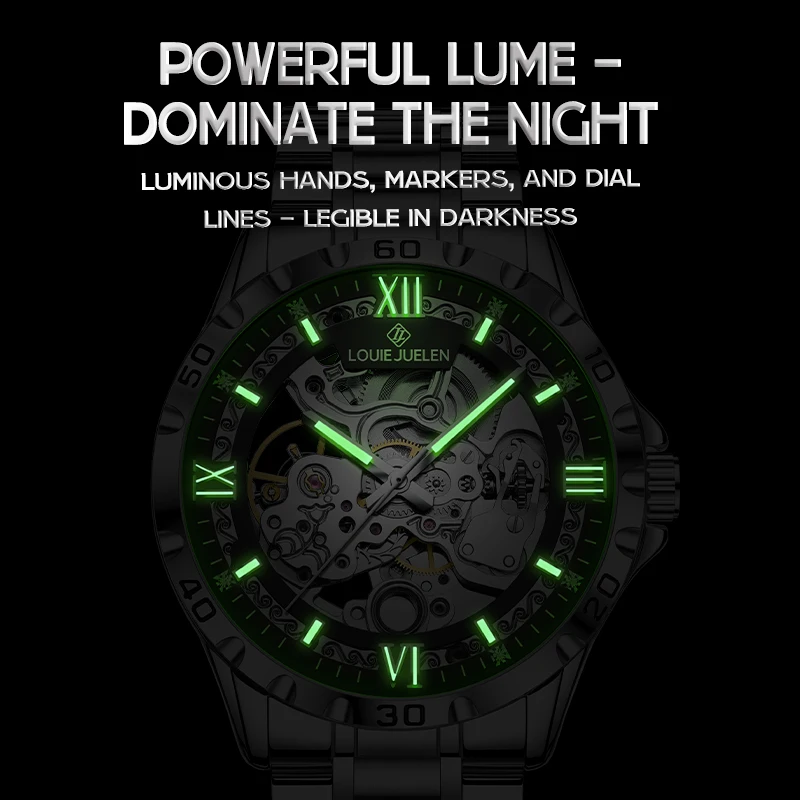 LOUIE JUELEN Men's Luxury Automatic Mechanical Watch 46mm Stainless Steel Band Waterproof Luminous Coin Charm Business Casual