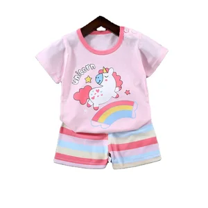 Wholesale 2pcs Cotton Baby Clothing Sets Cartoon Summer Jogging Suit with Pullover Closure Kids Pajama Suit with Short Sleeves