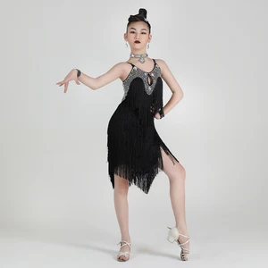 Black Tassel Latin Dance Dress for Kids Rhinestone Children's Ballet Dance Costumes Dance Dress for Girls Performance Costumes