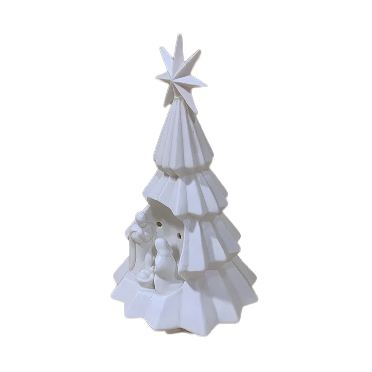 Белая светодиодная керамическая фигурка рождественской елки святой семьи