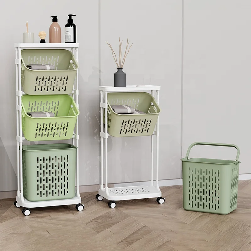 Multipurpose Rolling Storage Dirty Clothes Basket Trolley Layered Detachable Plastic Laundry Storage Basket