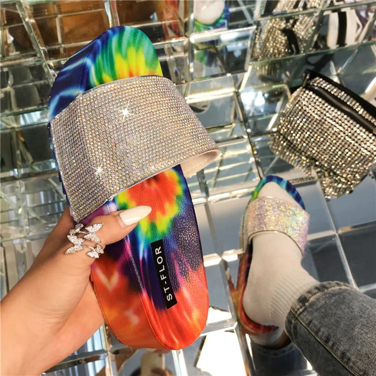 Women footwear platform diamond tie dye sandals women wedge outdoor platform slippers for women