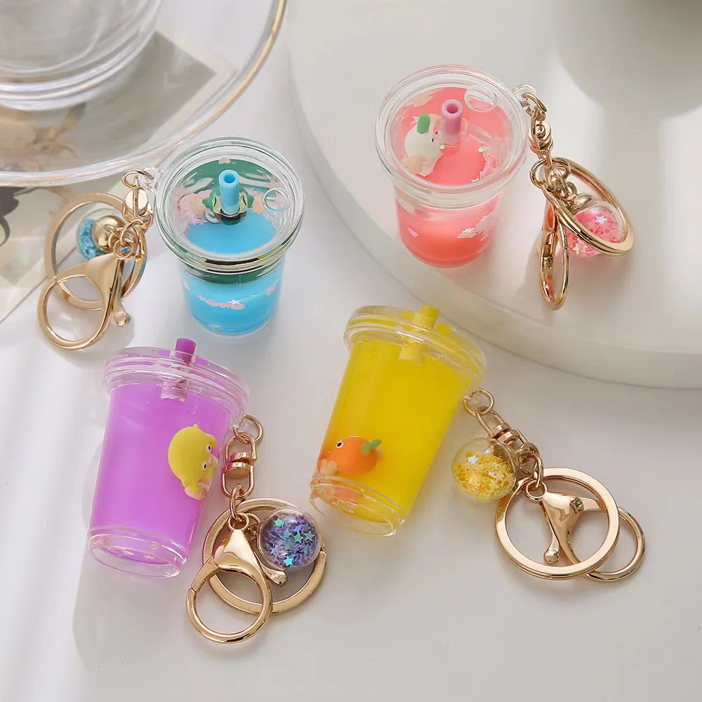 Cartoon Milk Tea Keychain Cute Floating Liquid Photo Frame Mug Drink Bottle Keyring Key Charm Gift for Girls Bag Pendant