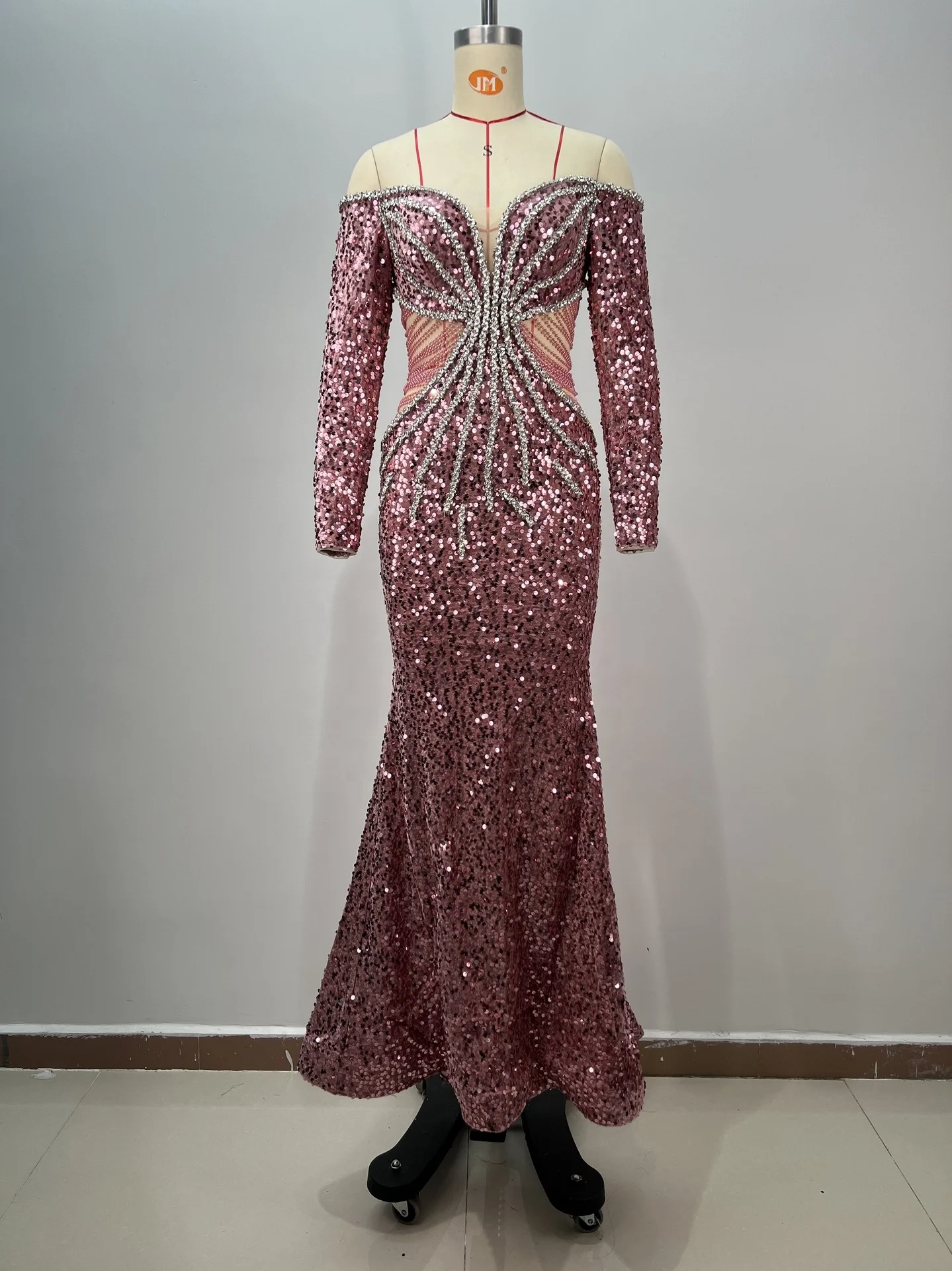 Pink Sparkly Sequins Long Dress Pearls Chains Design Off the Shoulder Long  Sleeves Formal Occasion Mermaid Party Evening Gown