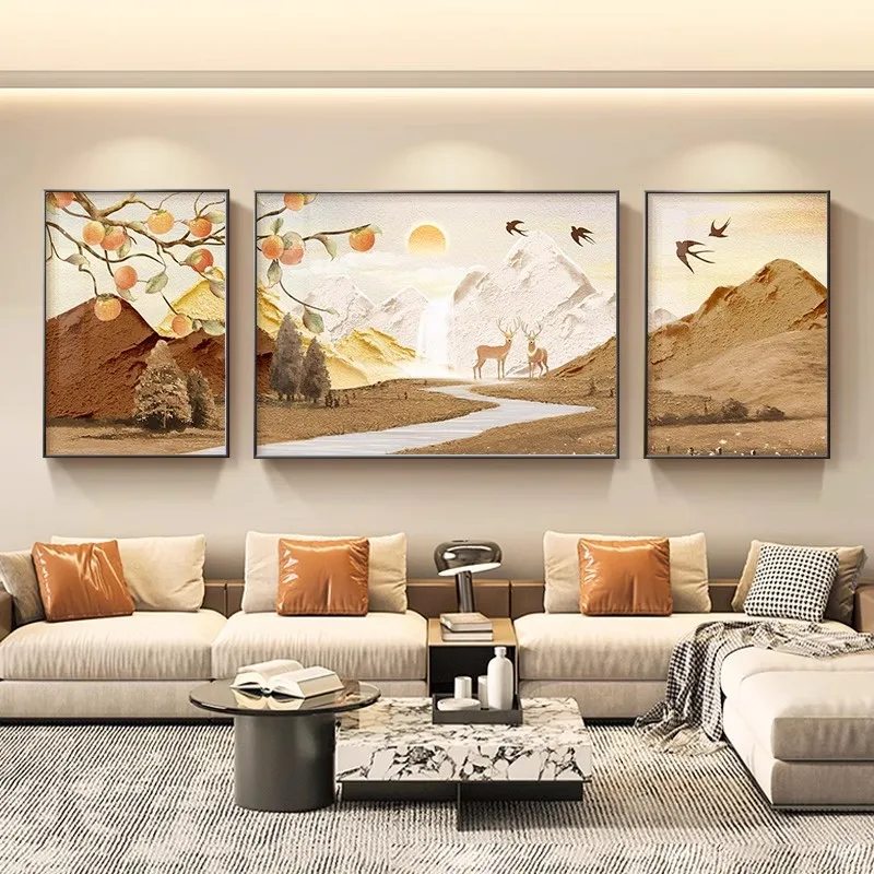 Ginkgo Forest Mountain Wall Art Canvas Print Golden Deer Sunset River Winding Path Nature Landscape Neutral Earthy Tones