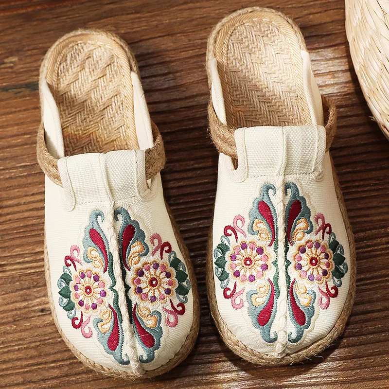 women  3 color flower embroidered breathable linen shoes ethnic flavor graceful  fisherman shoes