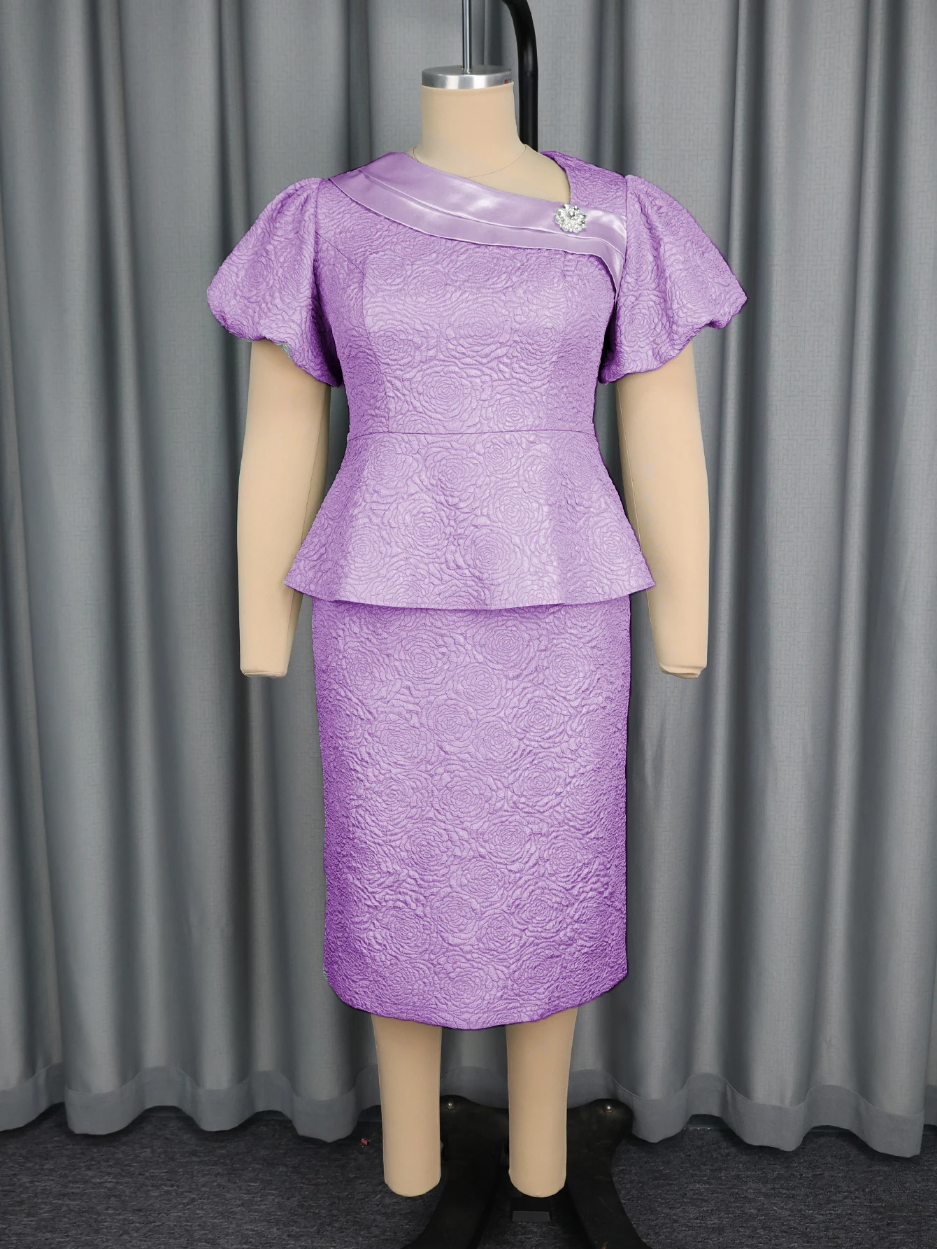 AM050719 Elegant Oblique Neck Short Sleeve Peplum Flower Jacquard Purple  Evening Midi Dress