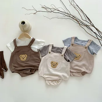 2025 Summer Newborn Baby Clothes Cute Baby Rompers Waffle Bear Two-Piece Knitted Fabric Printed Kids Jumpsuit