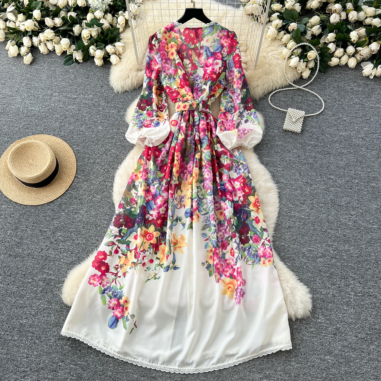LW1047 Vintage Deep V-Neck Lantern Sleeve Waist Slit Print Dress Women'S Elegant Long Dresses Women Casual LW1047 Vintage Deep V-Neck Lantern Sleeve Waist Slit Print Dress Women'S Elegant Long Dresses Women Casual