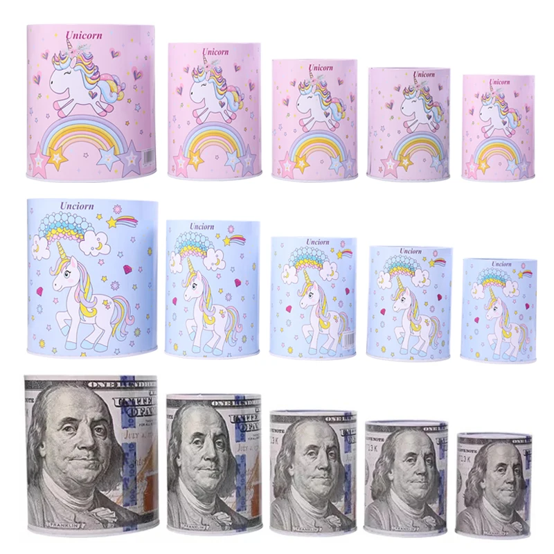 TOPSTHINK 5PC Sealing Piggy Bank Set unicorn Cute Tin Cans Coin Bank Money Box Saving for Kids