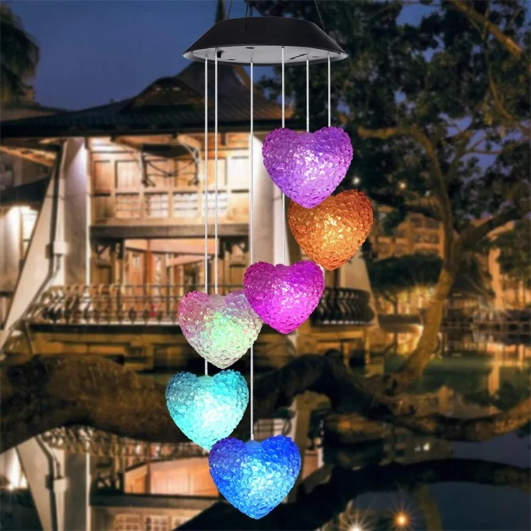 Solar Powered LED Wind Chime Light 6LED Colorful Love Heart Dragonfly Wind Portable Wind Chime Outdoor Decorative