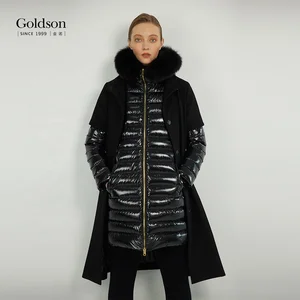 Vintage Winter Ladies' Two-Piece Dress with Fox Fur Hood 50% Wool and 90% Duck Down Waterproof Nylon Lining Jacket