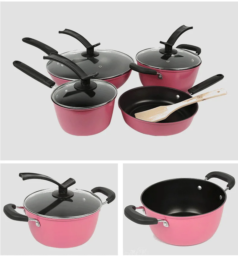 
 2021Amzon 5pcs pink nonstick cookware sets wholesale home cooking utensil set smart cast iron pan set  