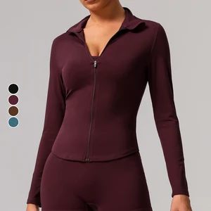 Ladies' Long-Sleeved Stand-Up Collar Zipper Yoga Breathable Windproof Sports Running Coat Solid Color