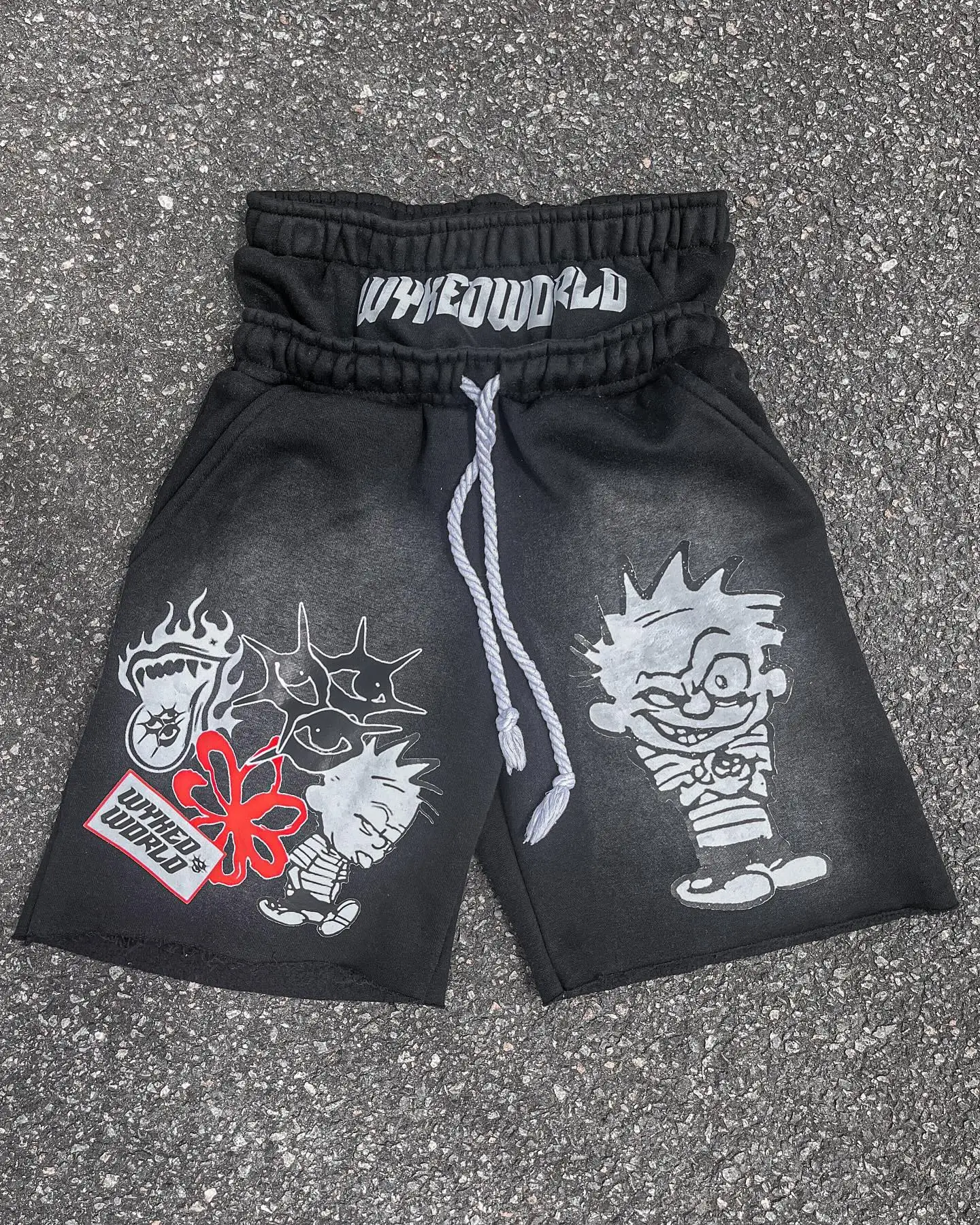 Custom Men Heavyweight Cotton Shorts Screen Print Sun Faded Double Waisted Baggy Distressed Acid Wash Track Jogger Sweat Shorts gallery 7