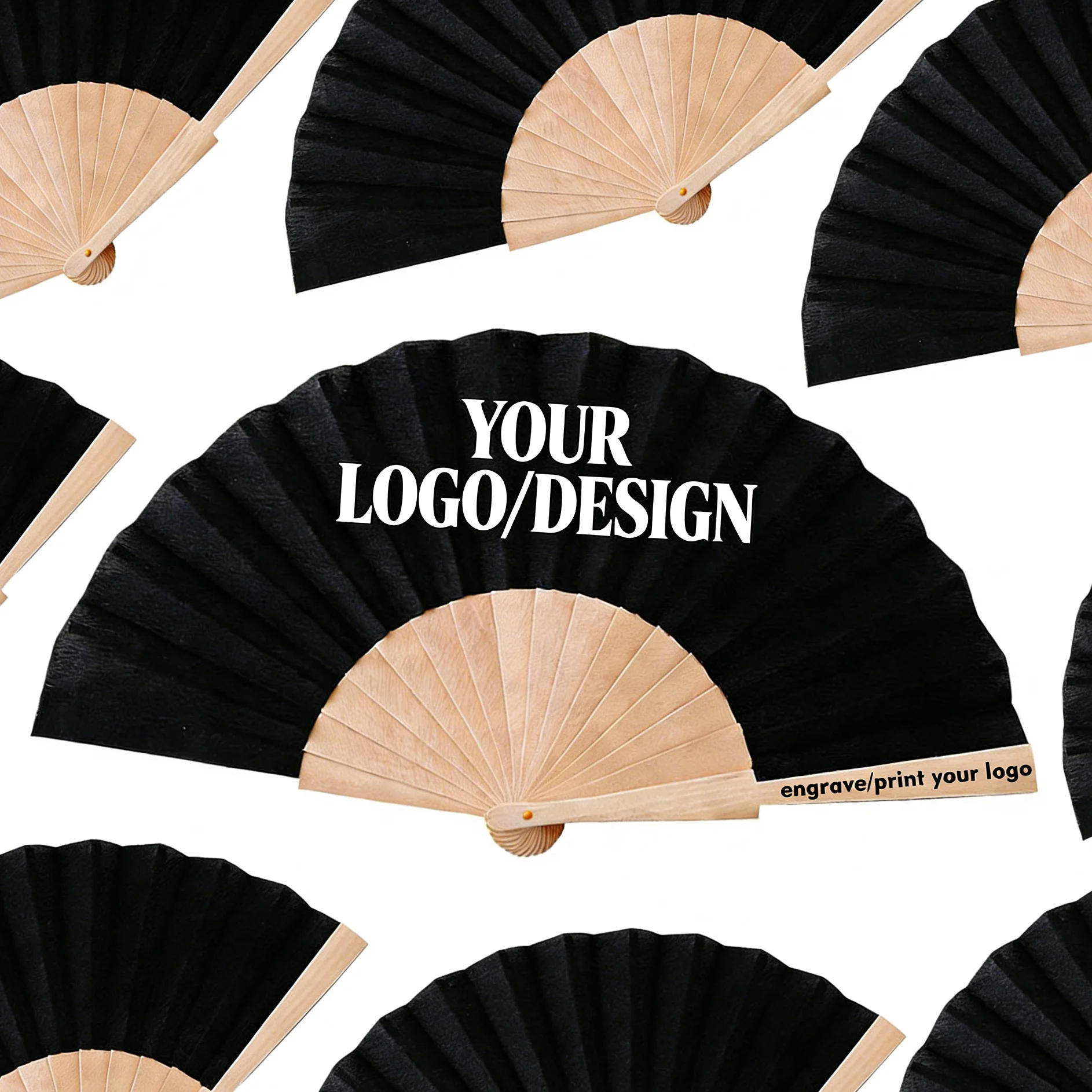 Wholesale Spanish Custom Logo Wooden Folding Cotton Fabric Hand Fans Custom Design Logo Handle Handheld 23cm Fan for Festival