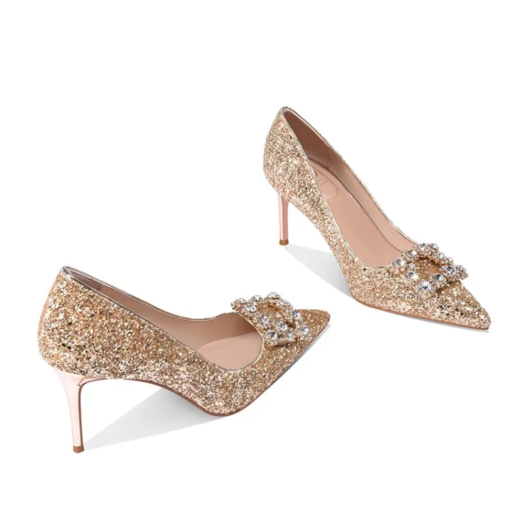 Brillante Oro Zapatos de novia 2019 Lentejuelas 12 cm Stilettos / Tacones  De Aguja Punta Estrecha Boda