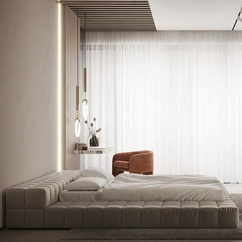 Modern Minimal Customization Bedroom Furniture Wooden Frame Fabric Low Bed Head King Size Soft Beds