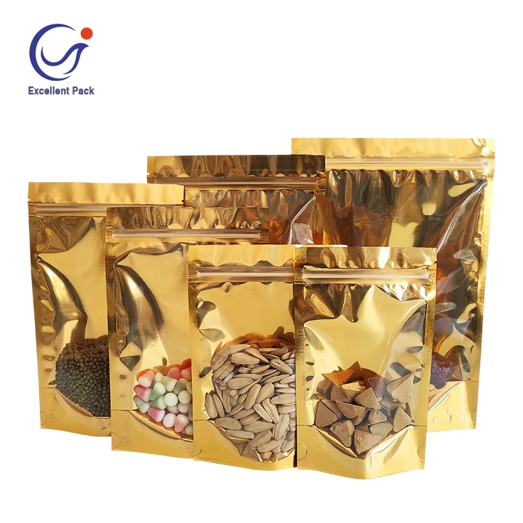 Tas Ziplock Aluminium Foil 15x23 cm kantong berdiri Mylar emas tas  ritsleting kemasan makanan kacang