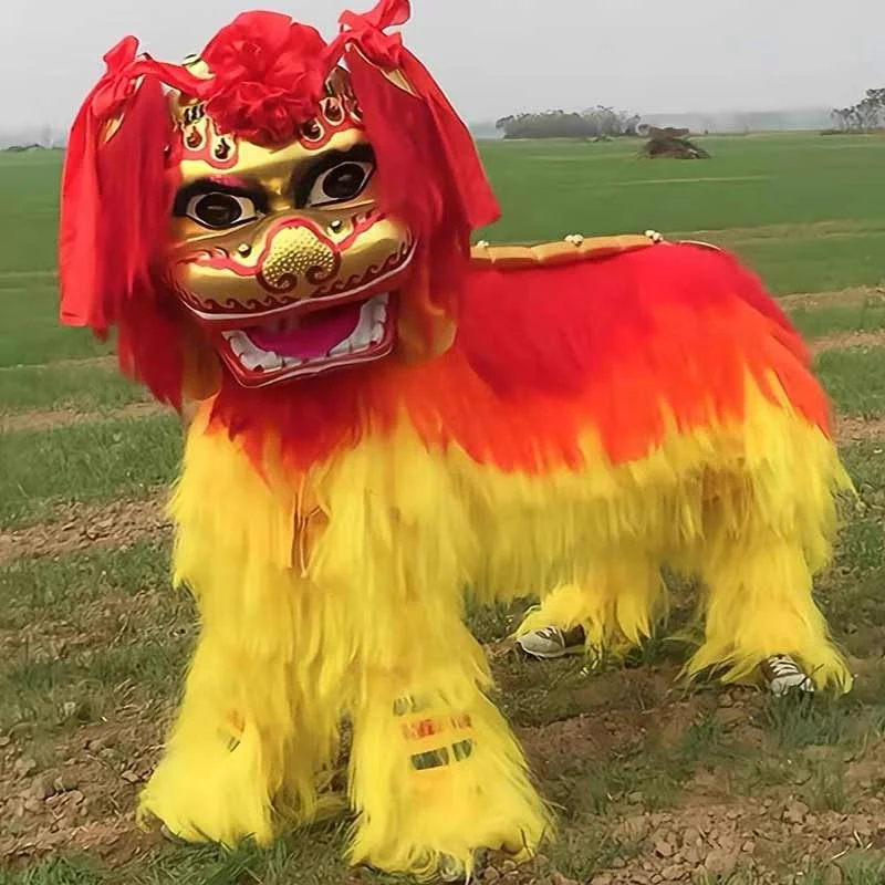 伝統的な獅子舞の面 高品質の伝統的な北京黄獅子（笑顔の獅子）牛毛二頭獅子舞（一人踊り