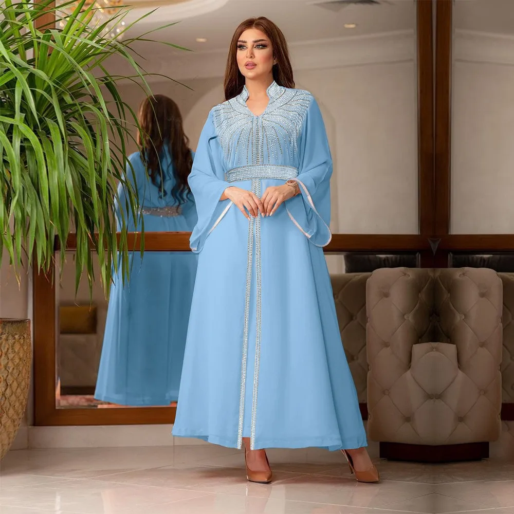 New Fashion Diamond Long Robes Dresses Muslim Women Rhinestone Chiffon Maxi Dress Kaftan With Belt Clothing Abaya