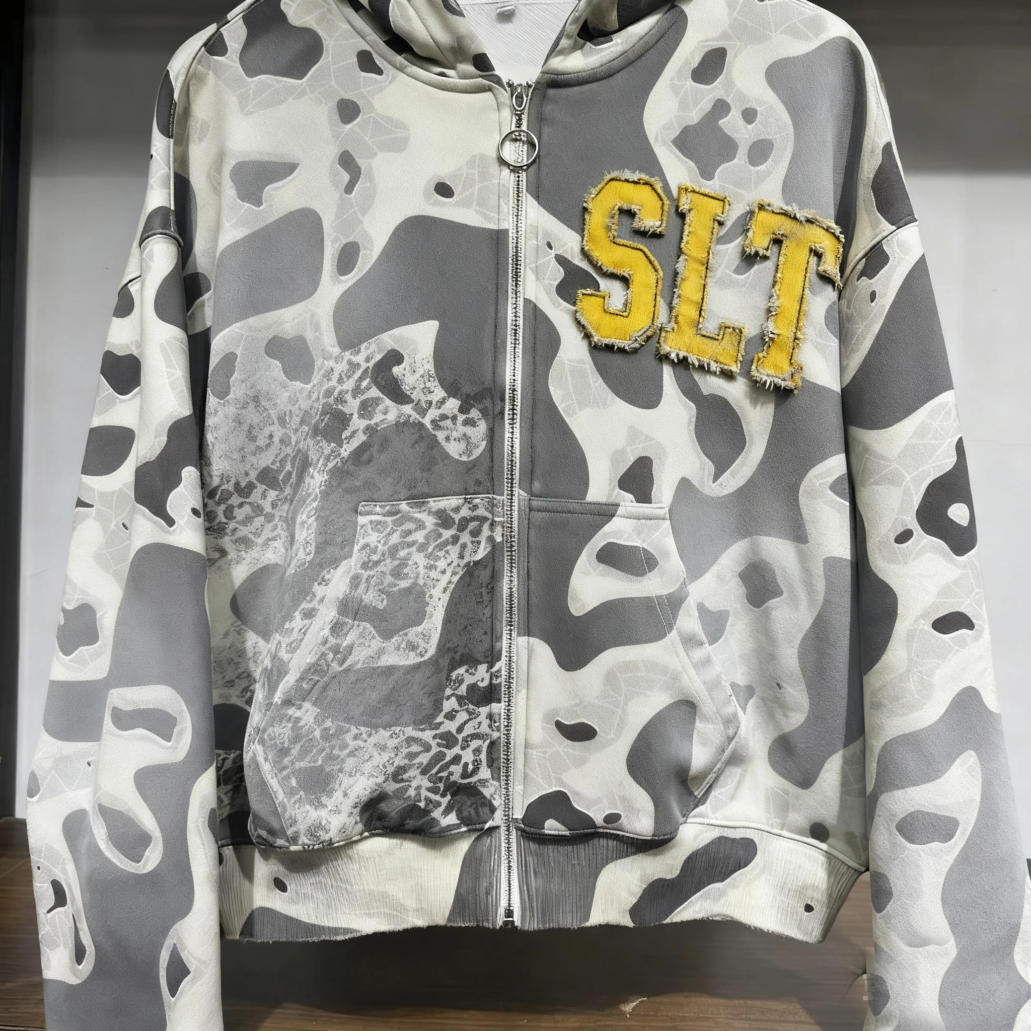 Custom Vintage Washed Allover Printed Heavy Weight Cotton Zip up Hoodies Men Custom Applique Embroidery logo Patched Camo Hoodie gallery 2