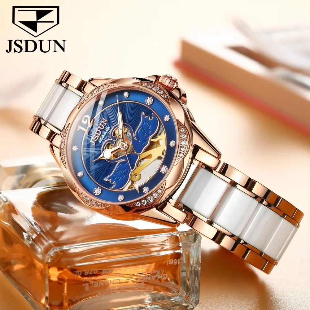 Jsdun 8831 Automatic Mechanical Hollow Out Women Watches Elegant High Quality Strap Stainless Steel Waterproof Ladies Wristwatch