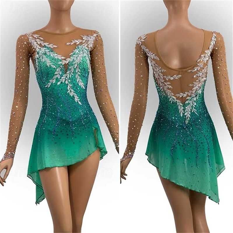 Custom Green Spandex Ice Skating Dress For Adults & Kids  Oem