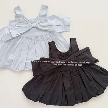 Girls' camisole Western style for outerwear 2024 New children's bow top baby girl summer dress children's clothing