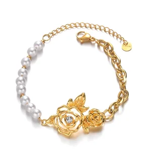 New Design Fashion Women Adjustable Charm Bracelets Flower Shape Imitation Pearl 18K Gold Plated Chain Link Bracelets