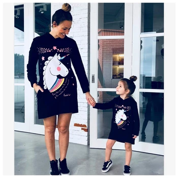 Fall unicorn and christmas tree print hoodie clothes set matching mother and daughter outfits