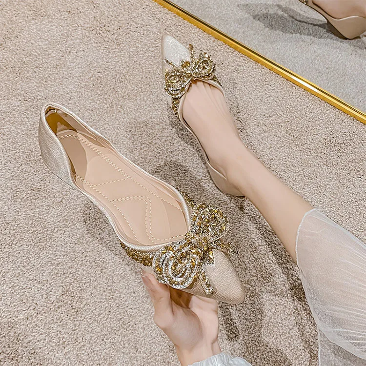 Rhinestone Flat Sandals Womens Pumps Pointed Toe Woman Crystal