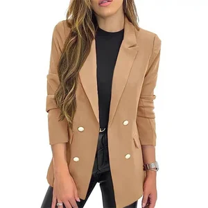 New Fashionable Solid-Color Woven Women's Casual Long-Sleeved V-Neck Lapel Double Breasted Jacket