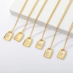 New Arrival Gold Plated Stainless Steel 26 Letters Necklace with Rhinestone Letter Lock Pendant Gift
