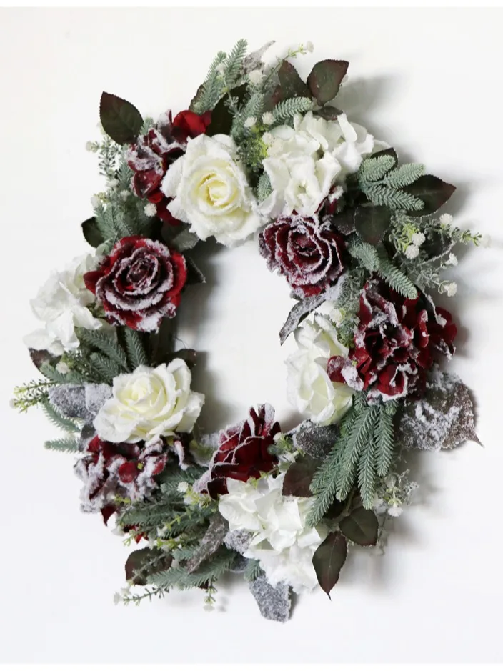 定制喷雪玫瑰圣诞花环装饰批发人造花花环前门户外