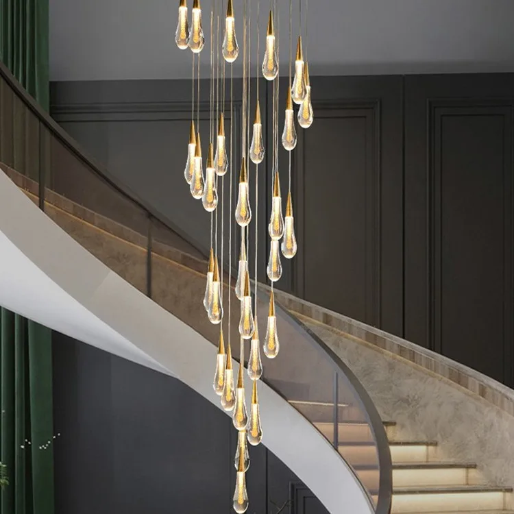 Simple Modern Staircase Bulb Shape High Ceiling Chandelier Villa Living Room Long Drop Crystal Chandelier Pendant Light